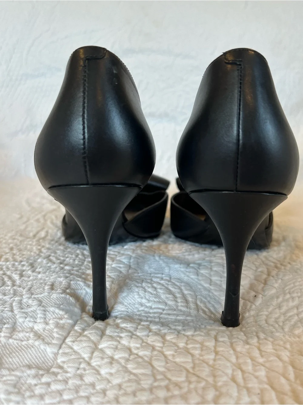 💙 Nine West Black Leather McFally d’Orsay Pumps Suede Bow Pointed Toe Size 10